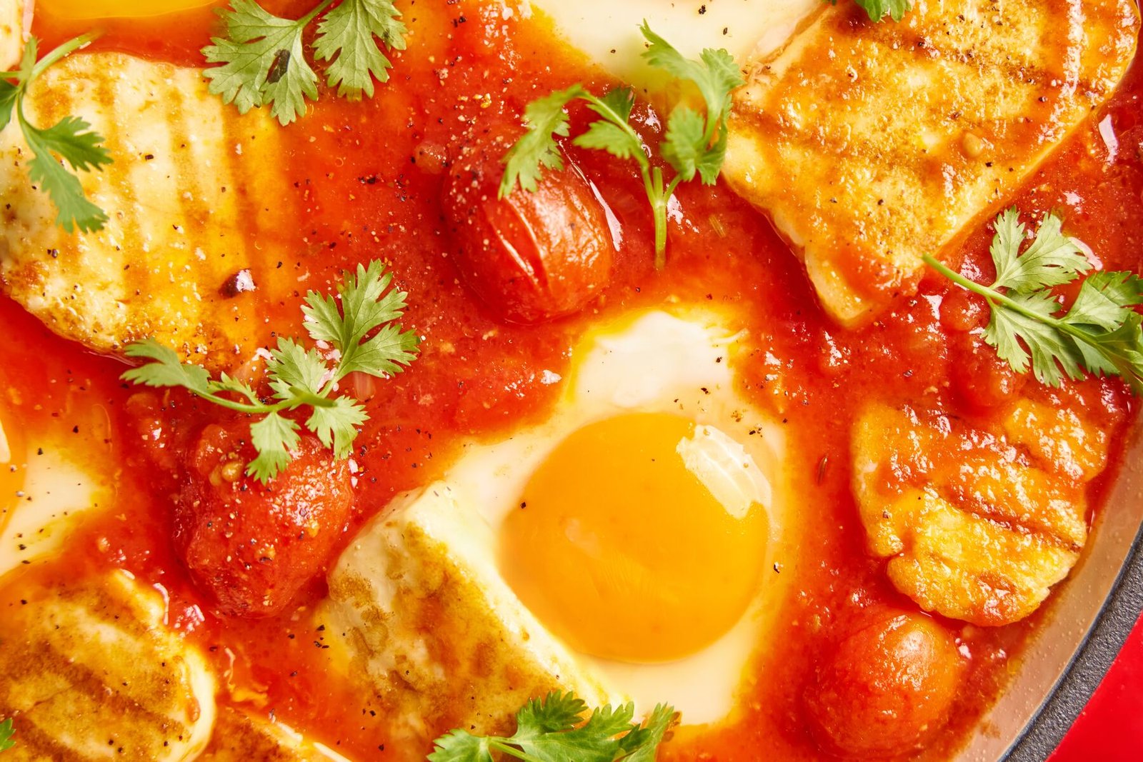 Close-up of shakshuka with egg yolk, tomato, halloumi and coriander