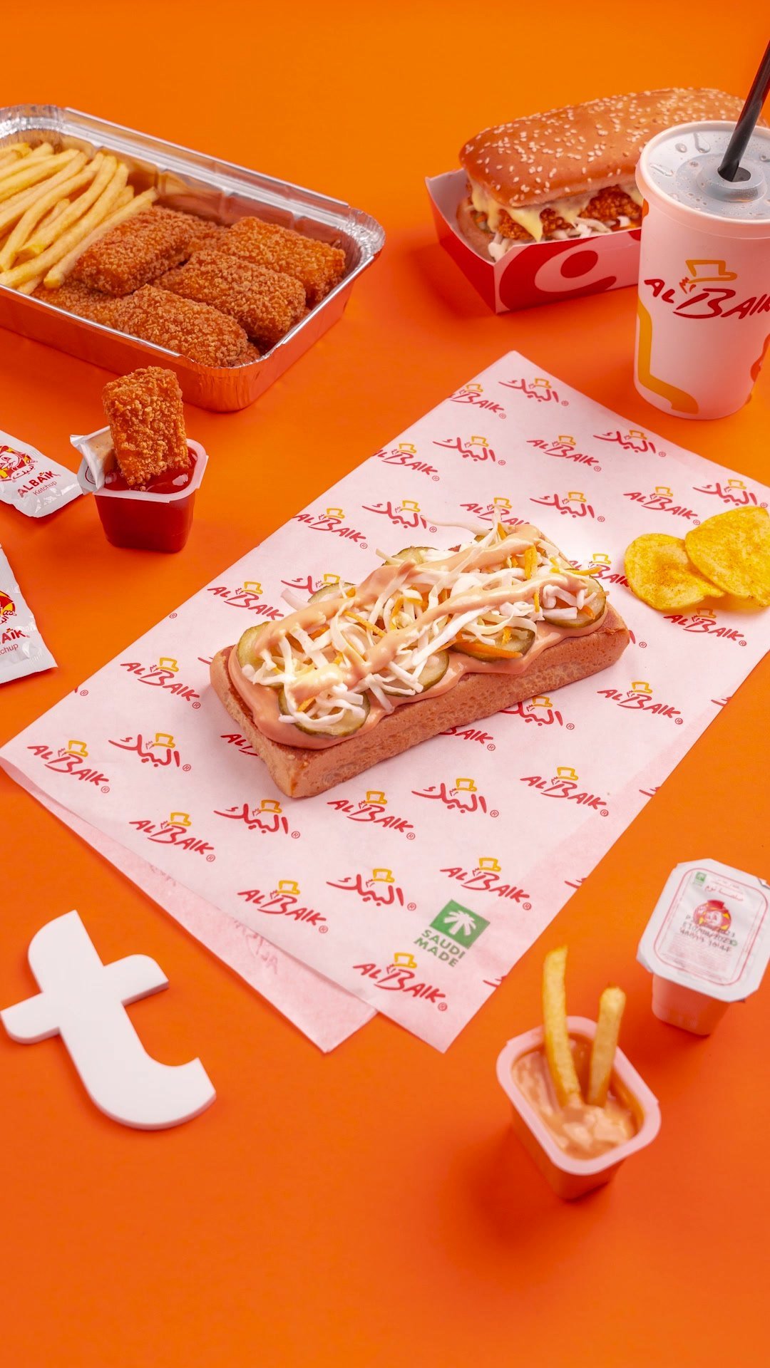Al Baik chicken submarine with fries and a drink on orange, beside a cut-out Talabat mark