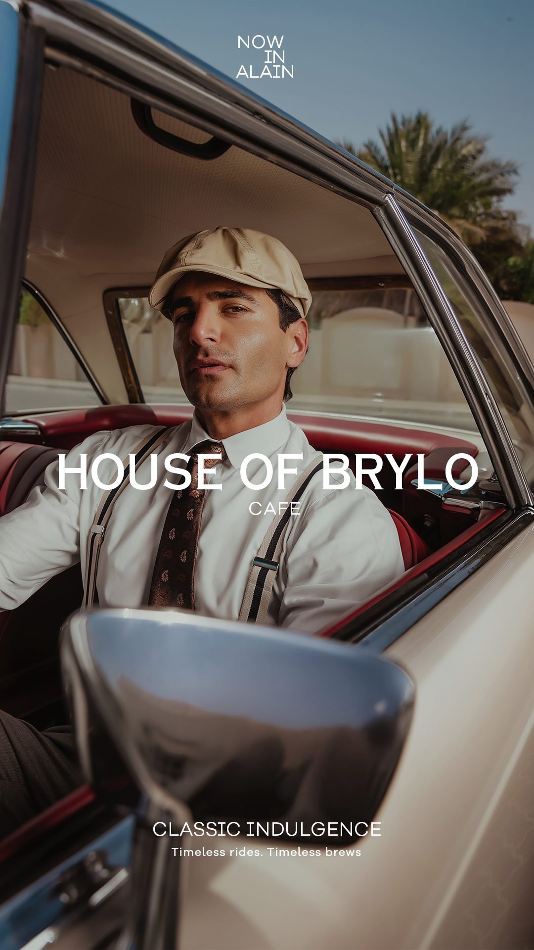 Man in a flat cap at the wheel of a classic car, over the words House of Brylo