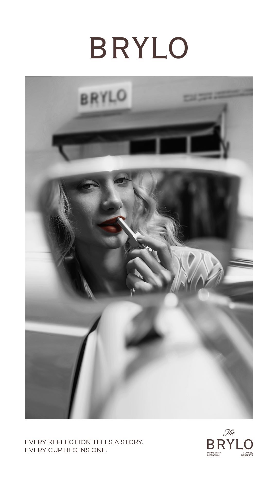 Black and white poster of a woman applying lipstick in a car mirror, under the Brylo wordmark