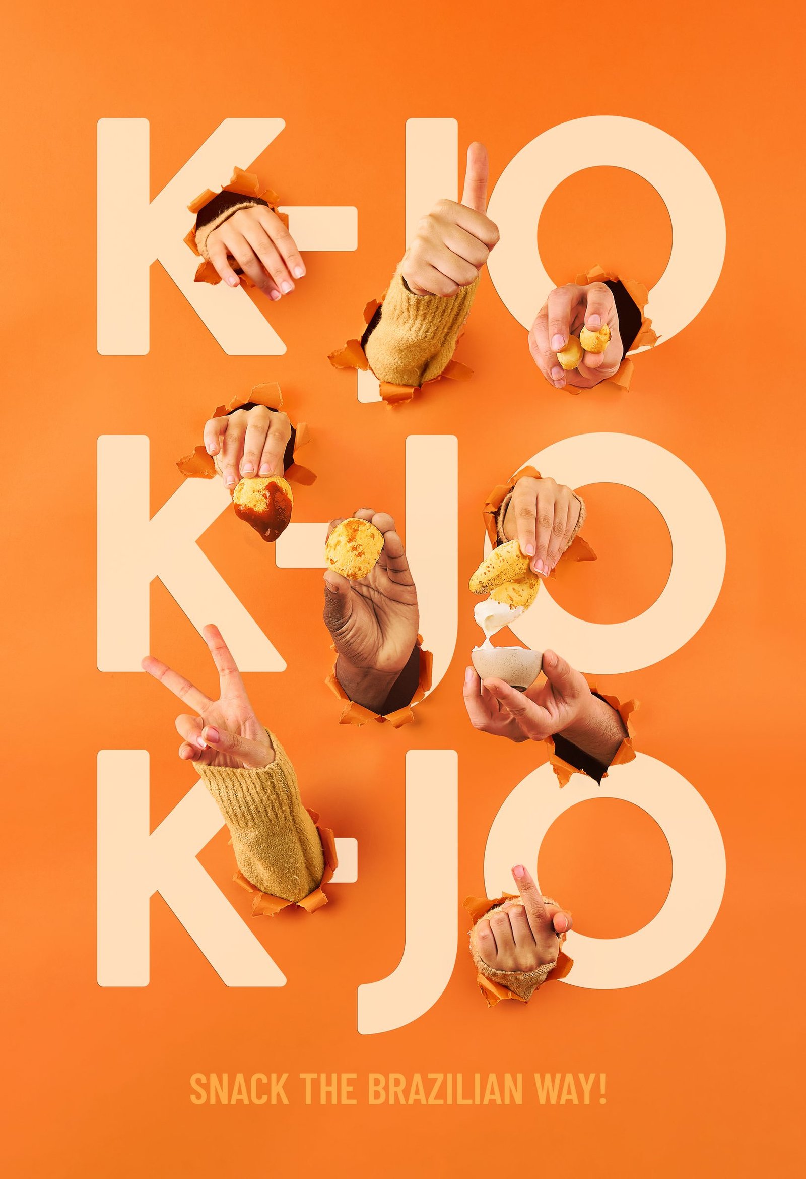 Orange K-JO poster with hands holding Brazilian cheese snacks
