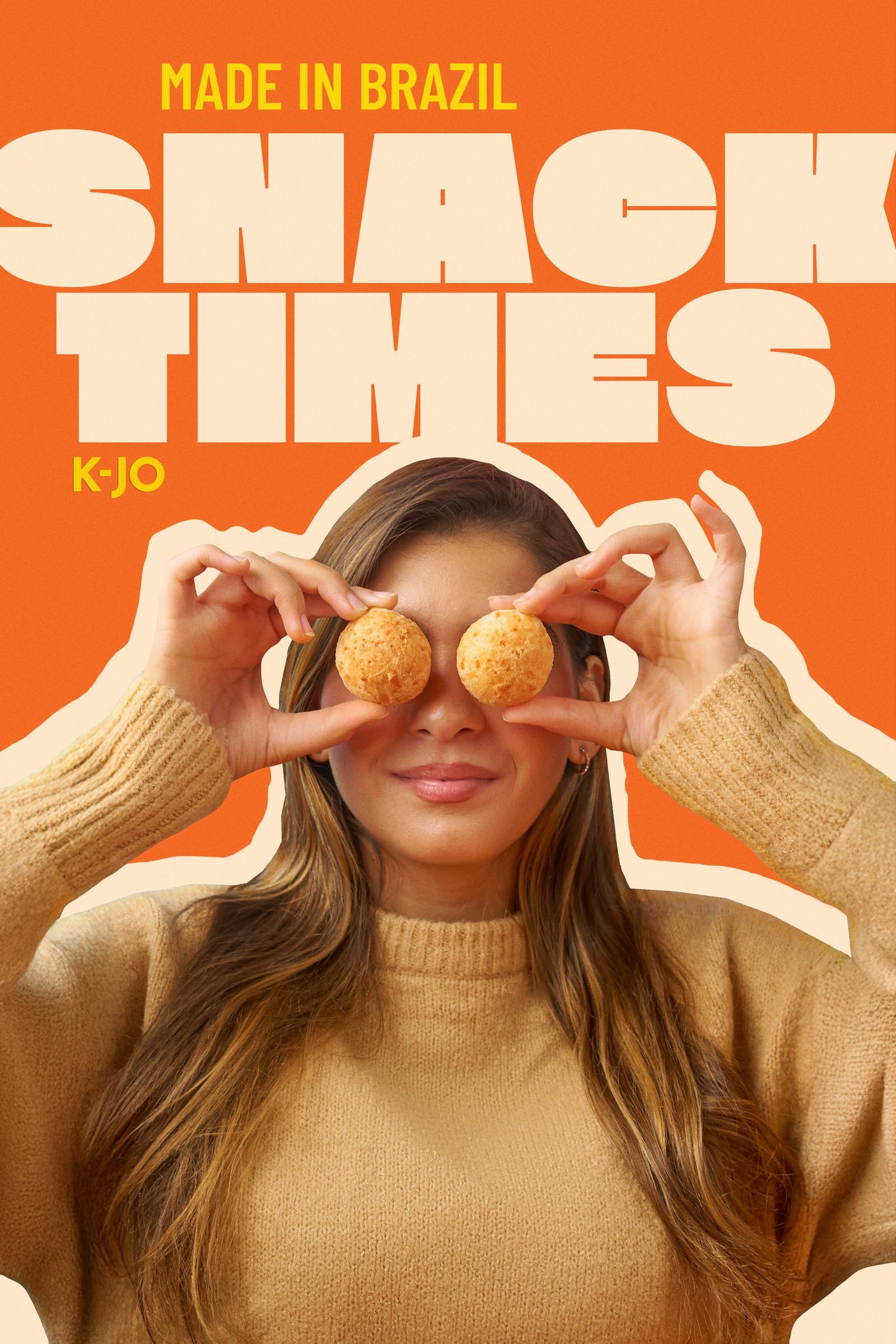 Woman holding two cheese balls over her eyes on an orange Snack Times poster