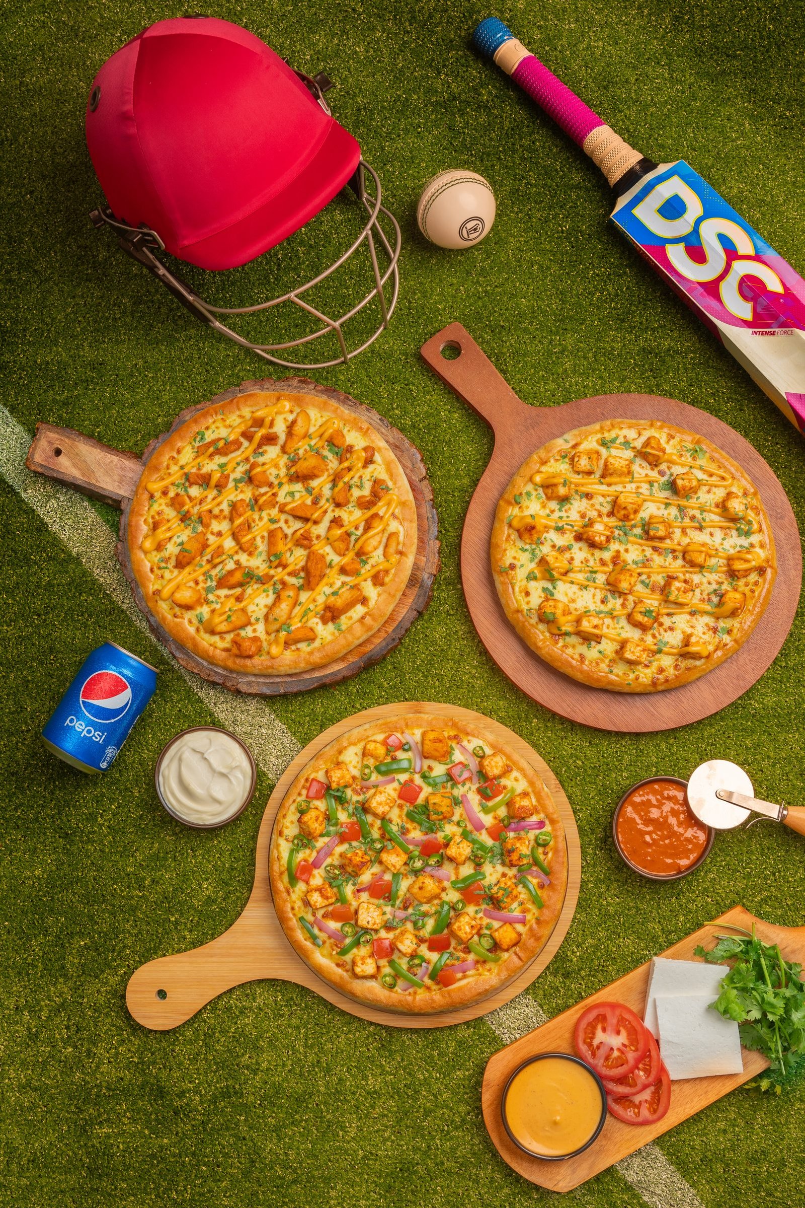 Pizzas on a grass pitch surrounded by a cricket helmet, bat, ball and dips