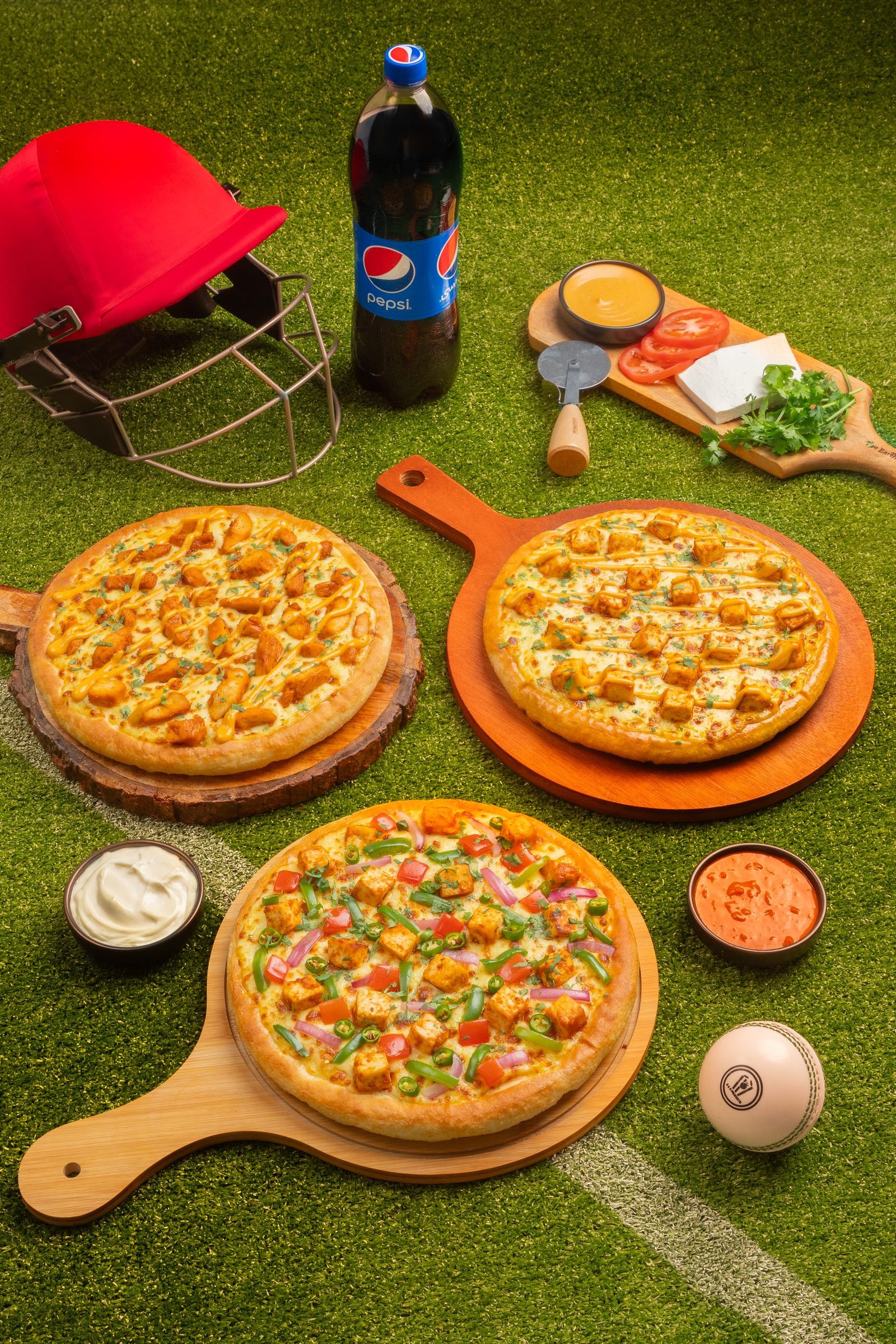 Cricket helmet, Pepsi bottle and three pizzas arranged on a marked grass pitch