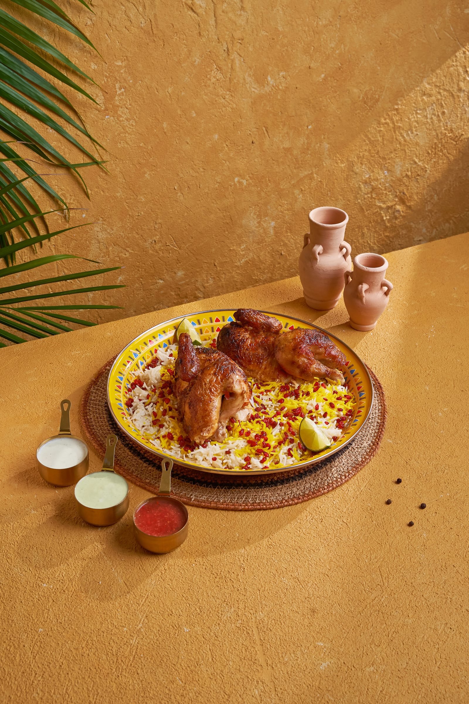 Grilled chicken on spiced rice on a yellow patterned platter with sauces and clay cups