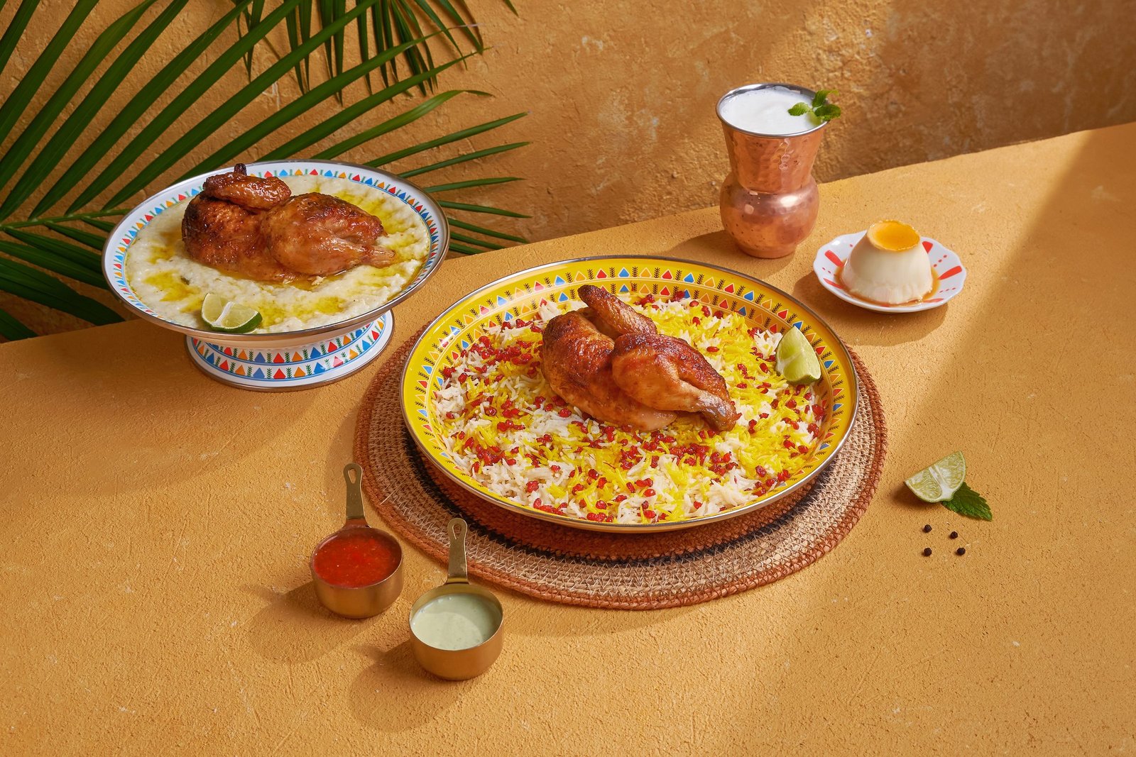 Two platters of roast chicken, one on rice and one in broth, on an ochre table with clay cups