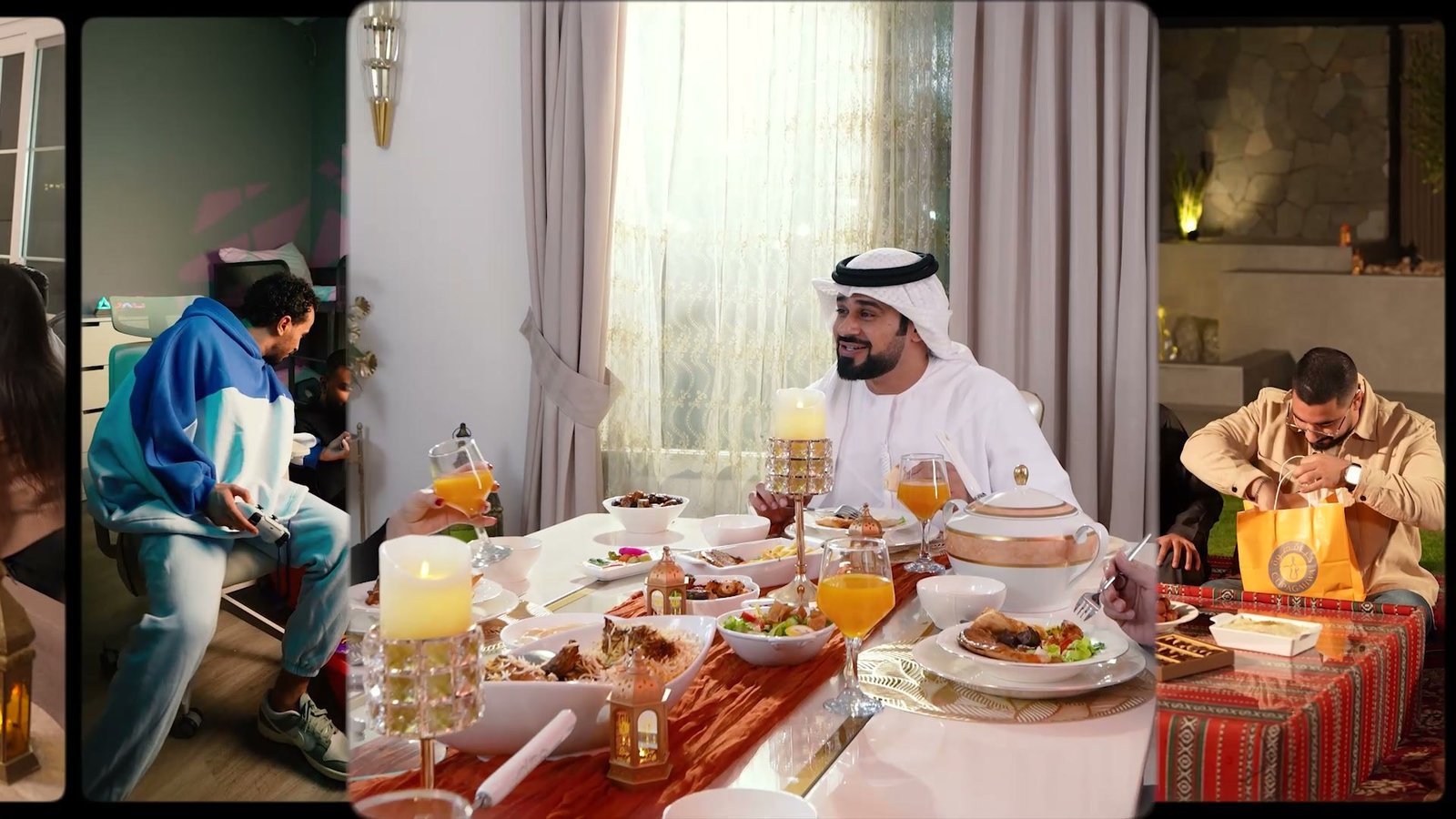 Three scenes side by side of people eating a Talabat order at home, lit by lanterns and candles