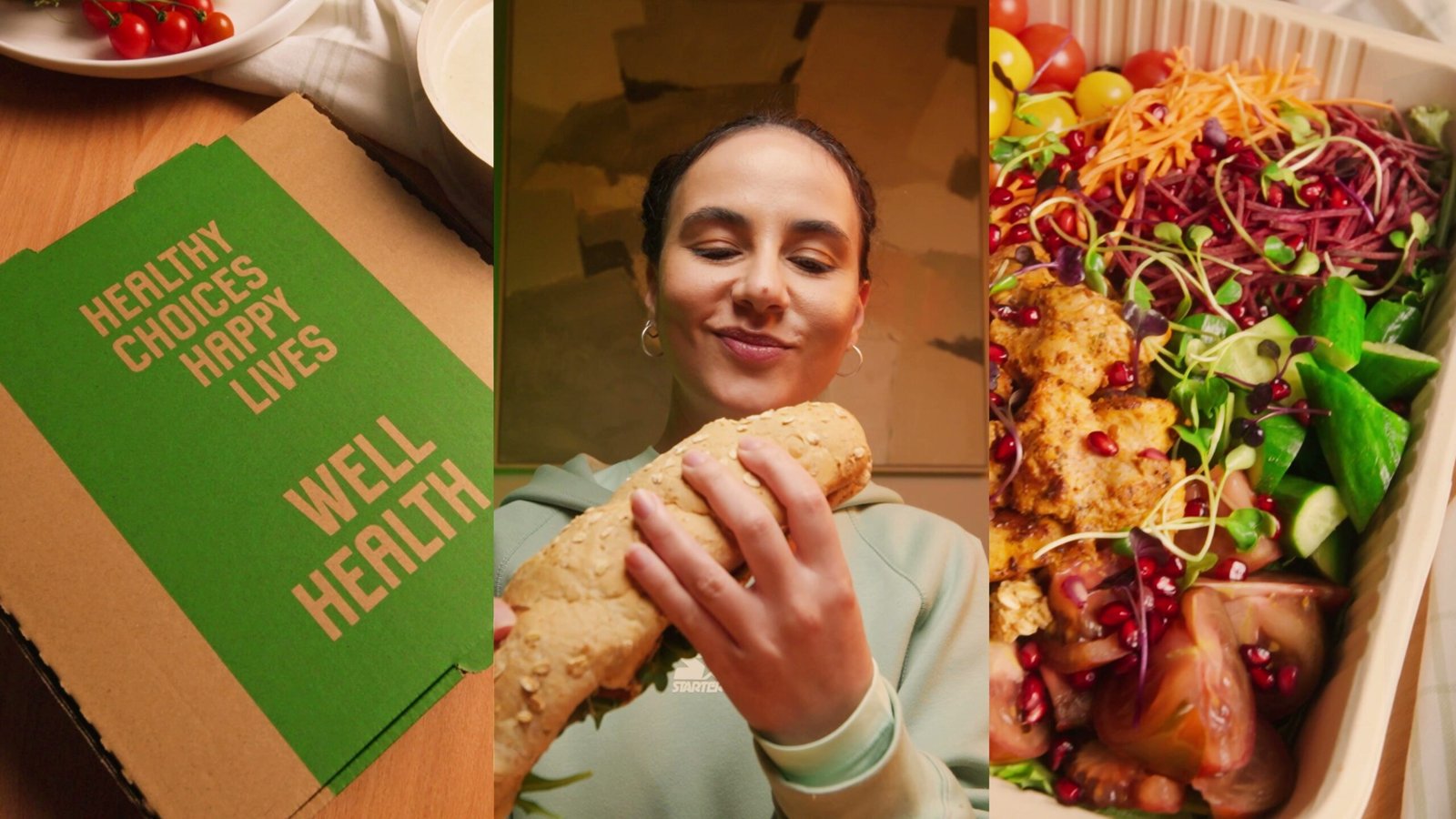 Three frames side by side: Well Health packaging, a woman biting into a sandwich, and a salmon salad bowl
