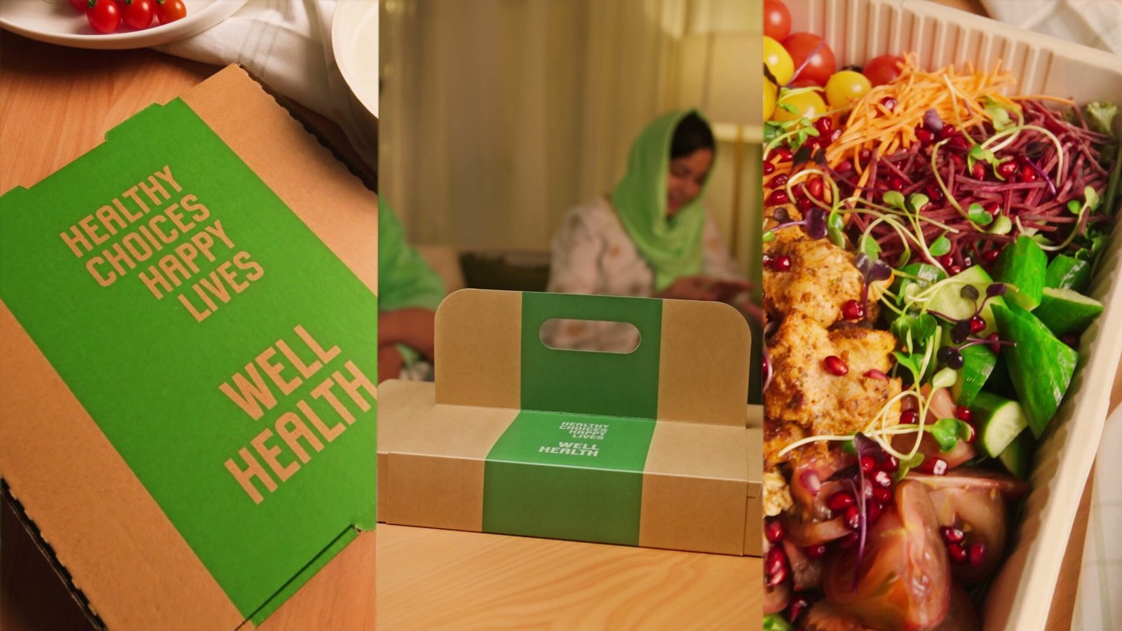 Three frames side by side: Well Health boxes, a woman preparing food in a kitchen, and a salmon salad bowl